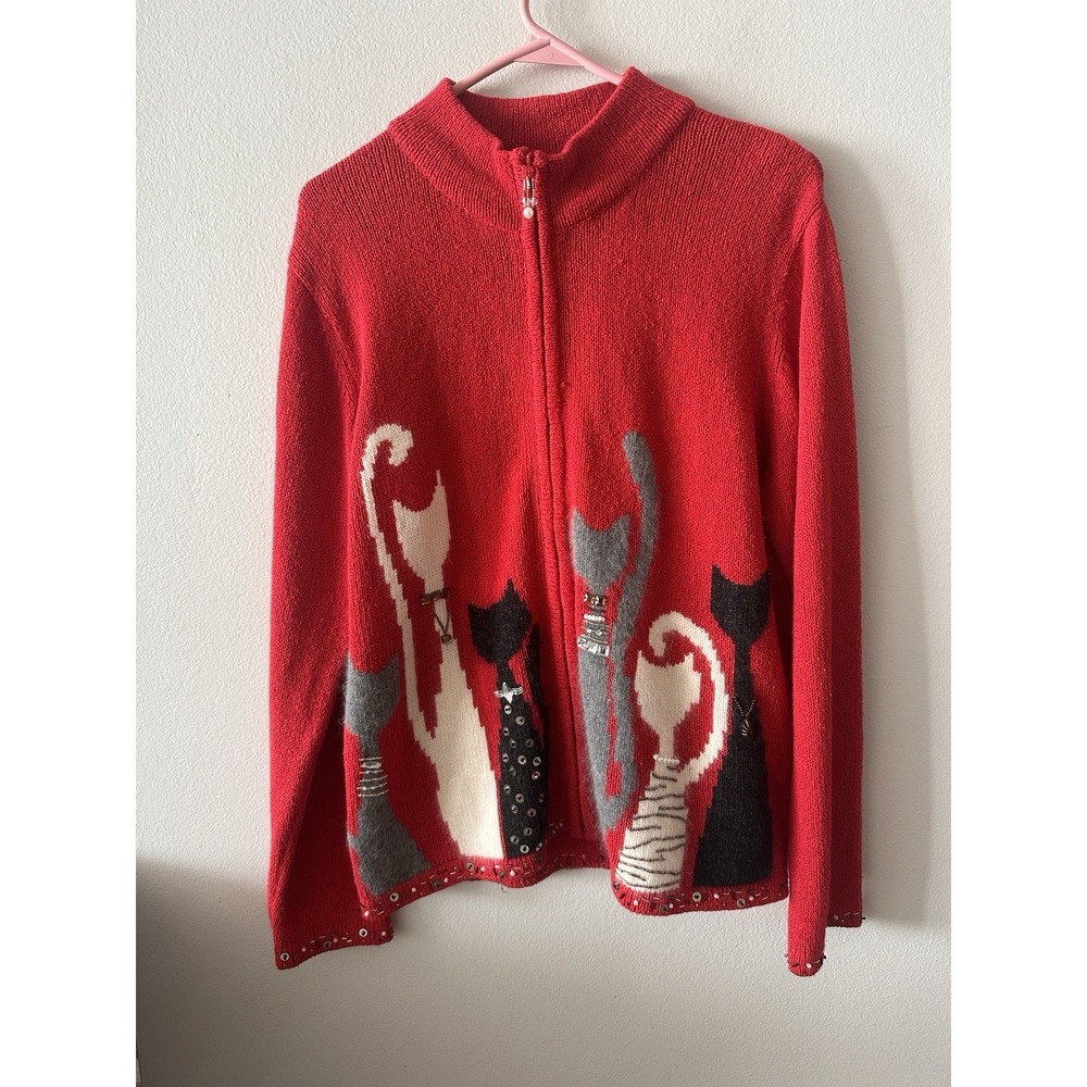 Coldwater Creek Red Bejeweled Cats Kitchy Zip Sweater Jacket Size L Twee Preppy